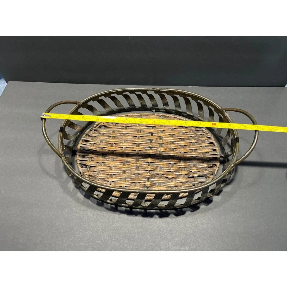 Vintage Woven Wicker and Metal Oval Serving Tray with Handles Rustic Home Decor